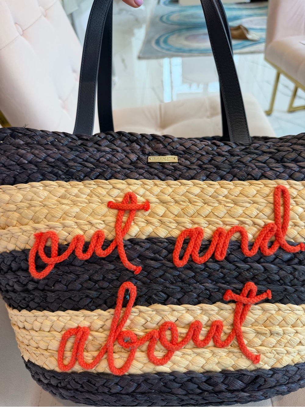 Sold Out Kate Spade Navy Natural & Orange Script “Out & About” Straw Stripe Tote - Picture 3 of 10